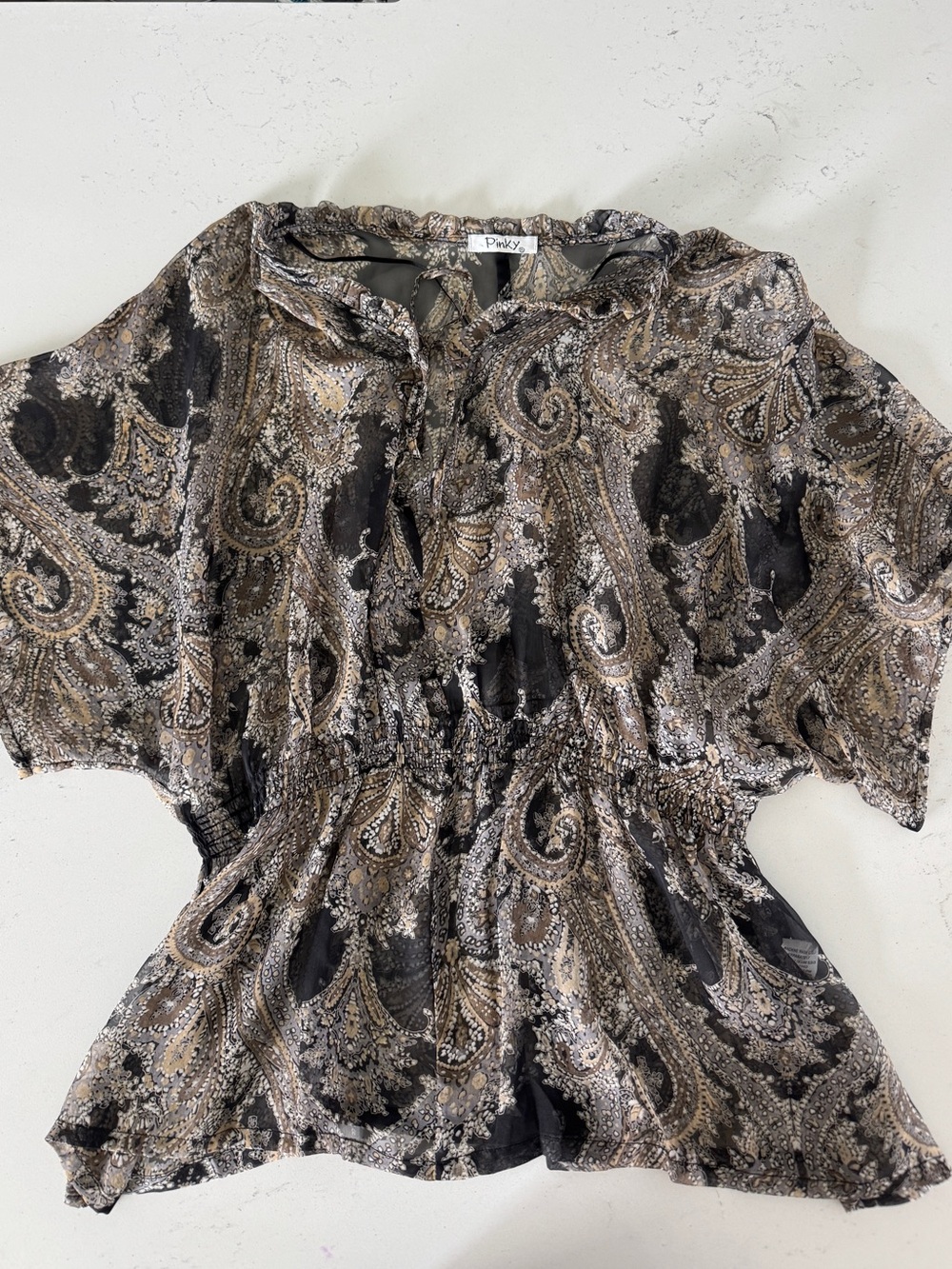 Pinky Paisley Sheer Peplum Blouse in Black and Tan